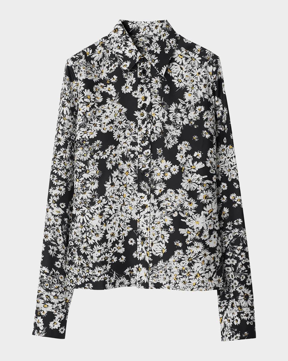 Flower Print Button Down Silk Top